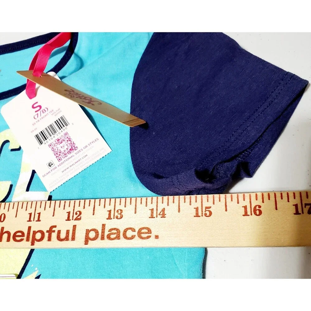 Justice Girls Graphic Tie Knot Front Short Sleeve Tee Size S (7/8) Blue NWT